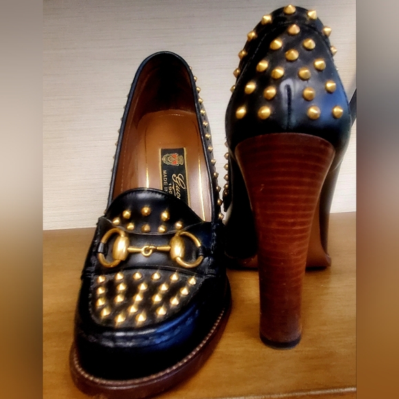 Gucci Alyssa Black and Gold stud heel loafers 38 - Picture 5 of 6